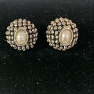 Vintage signed Cabot silver tone pebble/dot design faux pearl clip on earrings